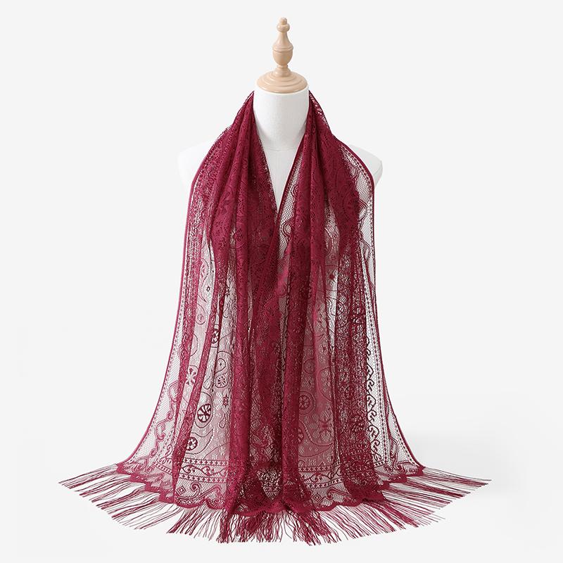 New Summer Women Pure Color Lace Openwork Fringe Long Scarf Shawl Wrap Sunscreen Scarves Headscarf for Lady Veiled Jersey Hijabs