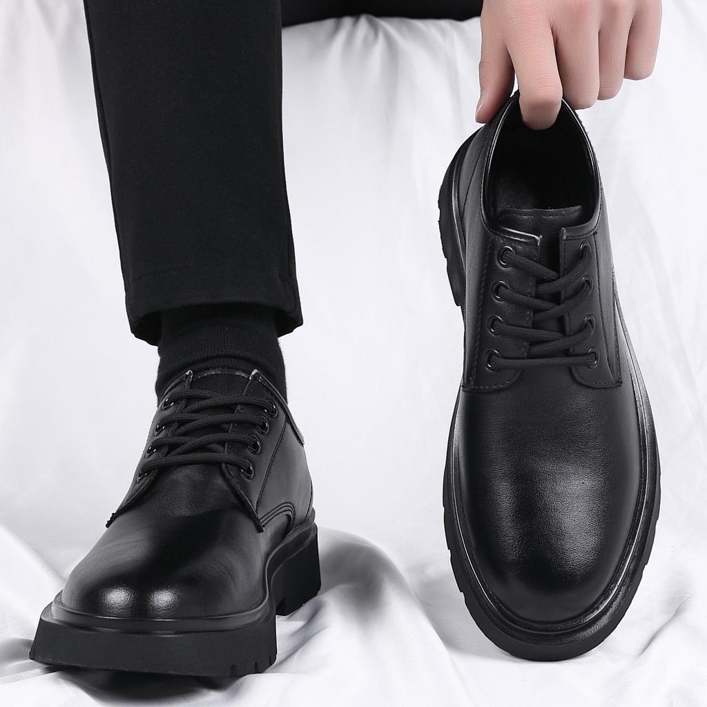 Leather shoes men's winter British style dress business casual shoes big head thick sole soft sole inner height increase wedding groom shoes