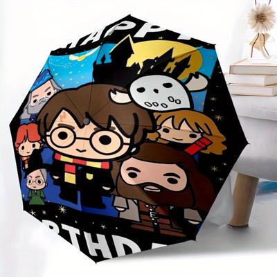 Harry Potter Theme Happy Birthday Automatic Open/CloseUmbrella CuteUmbrella with Cute Design, Portable 3 Fold Compact Umbrella for Men & Women