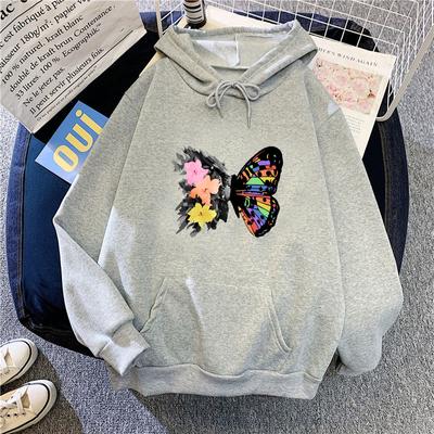 Damska jesienna bluza z kapturem pluszowa z nadrukiem motyli, oversize, z długim rękawem, casualowy pulower