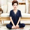 Mom Pajamas Women's Summer Ice Silk Short-sleeved Trousers Set Summer Middle-aged and Elderly Simple Loose Women's Loungewear