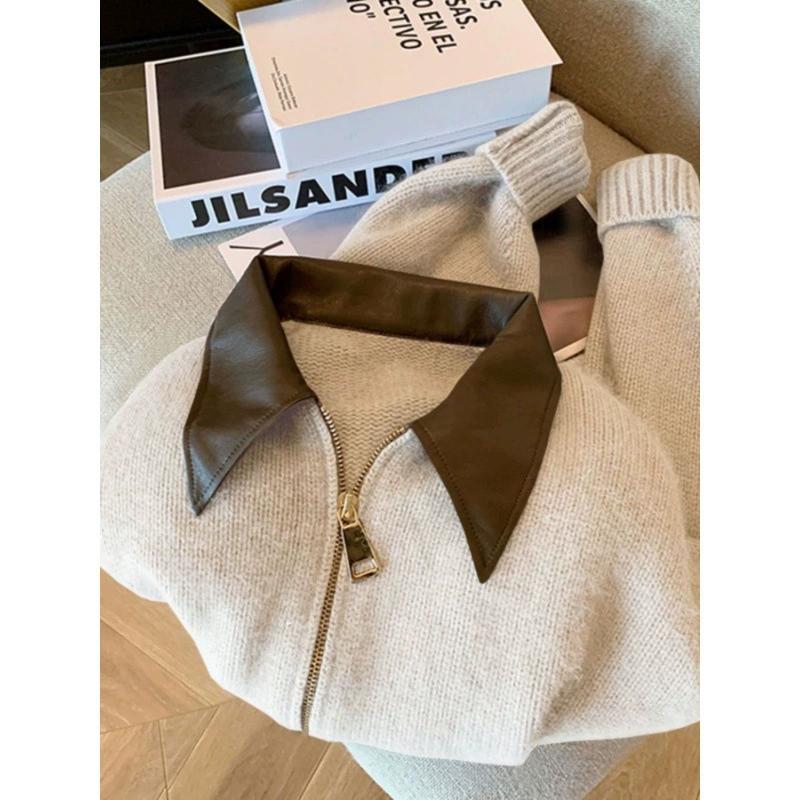 Coat Patchwork Leather Collar Zipper Short Fashion Socialite Spring and Autumn Sweater Cardigan for Women