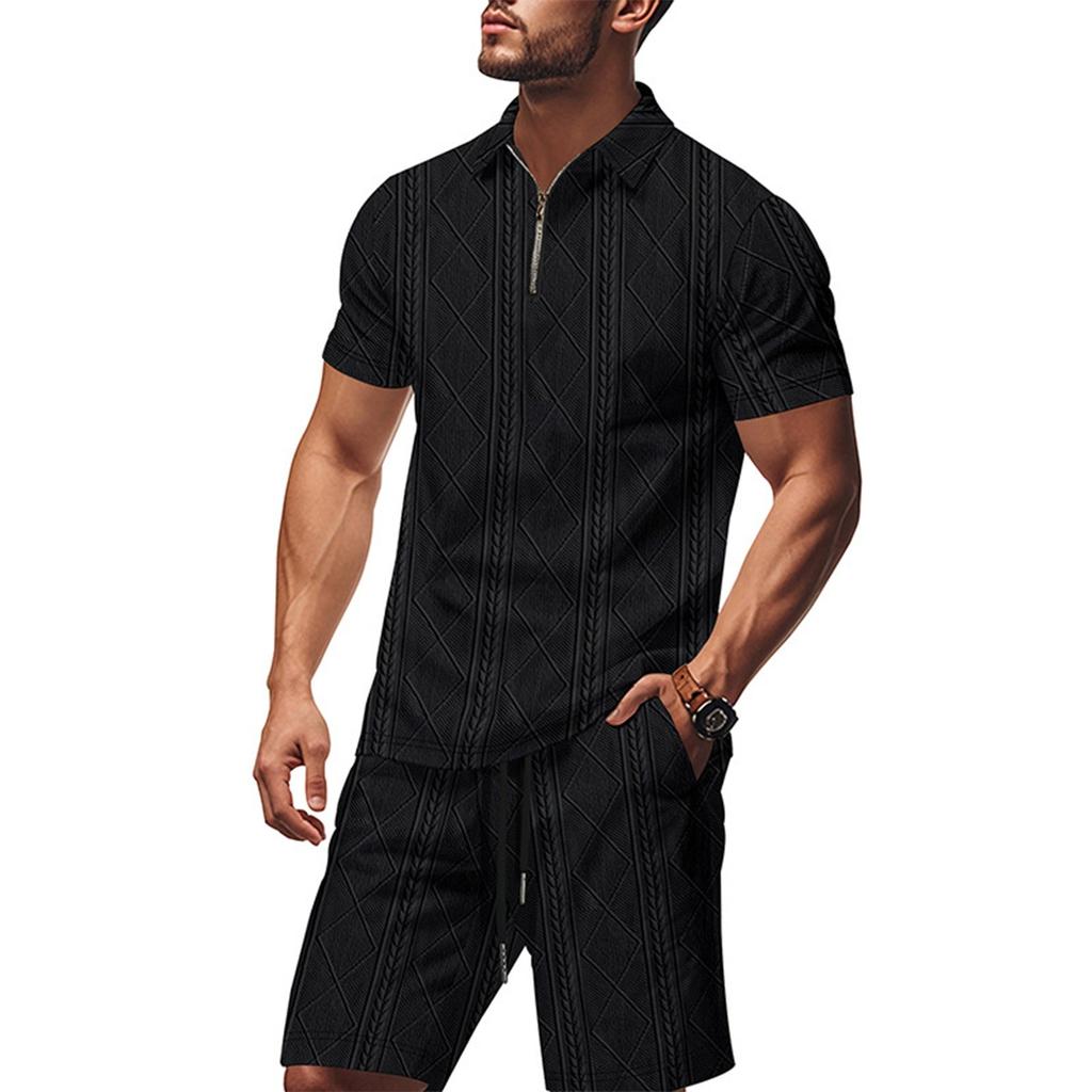 Men's Summer Solid Color Breathable Loose Zipper Short Sleeve Shirt Shorts Set