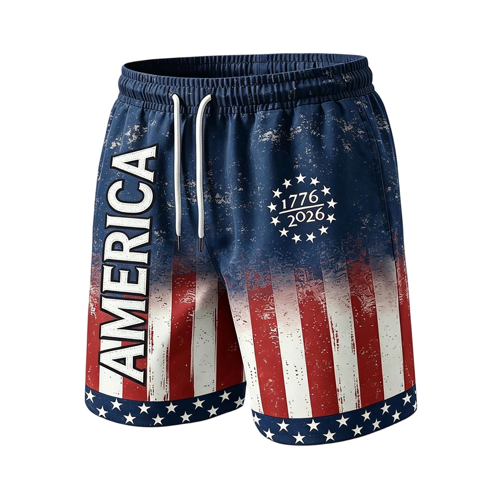 Lolili Heren Casual Shorts met Trekkoord Taille en America Lettering 1776 2026 Print Ontspannen Pasvorm Lichtgewicht Ademende Stof Shorts voor Dagelijks Gebruik L Vloot