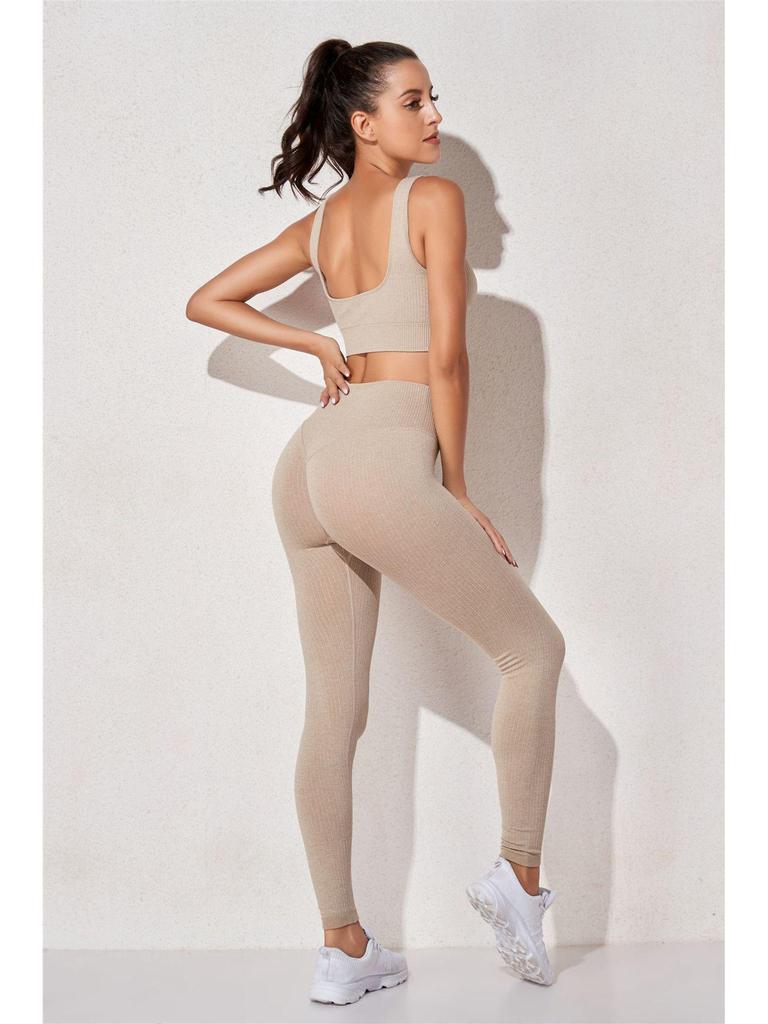 Women's Solid Color Seamless Ribbed Sports Bra and High Elastic Yoga Set