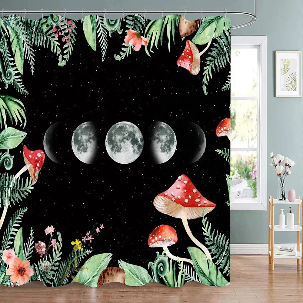 Mushroom Shower Curtain Retro Mushrooms Butterfly Floral Boho Moon Stars Botanical Wildflower Green Plant Aesthetic Bath Curtain