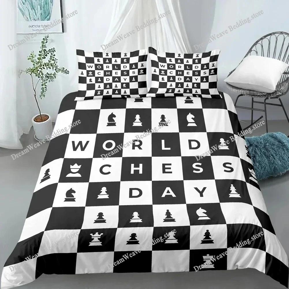 Chess Board Duvet Cover Set 3D Print International Chess Black White Comforter Cover for Boys Girls Polyester Bedding Set