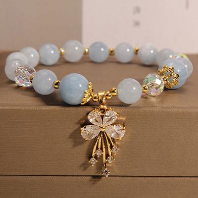 ZAKOL Exquisite Light Blue Beads Bracelet Brilliant Crystal Zircon Leaf Butterfly Bracelets Handmade Zircon Women Girls Gift