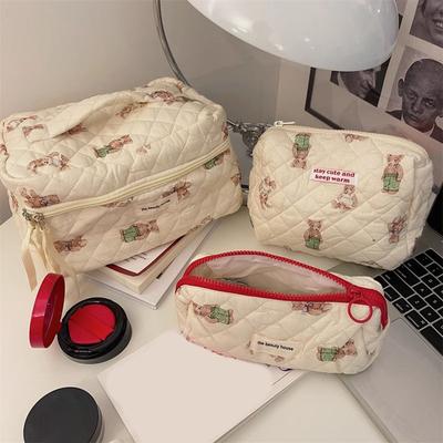 Cute Bear Makeup Bag for Women Girls Cotton Padded Cosmetic Bag Kawaii Aesthetic Toiletry Organizer Storage Beauty Cosmetic Bag
