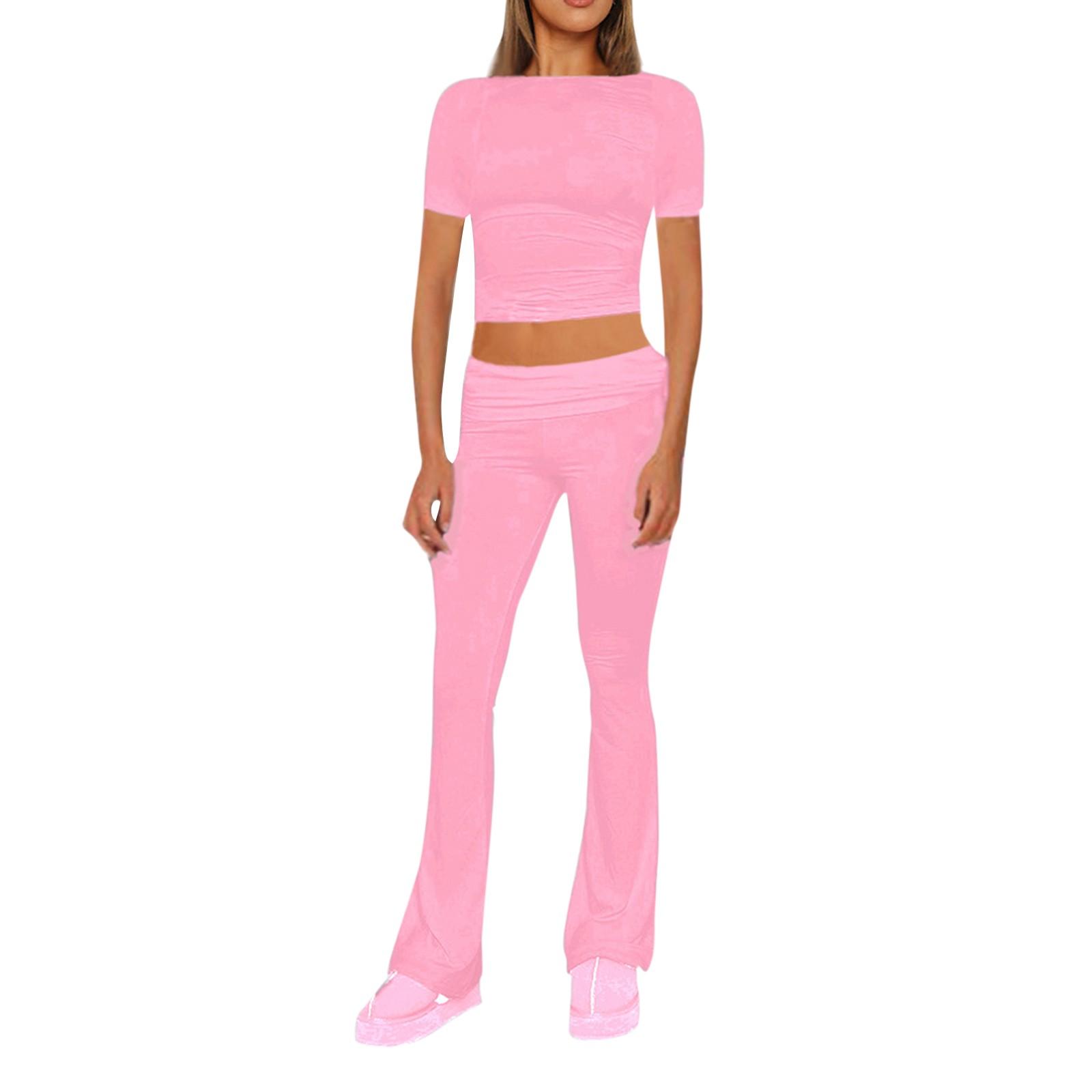 

Женский модный однотонный комплект с круглым вырезом и короткими рукавами, широкие брюки XS розовый