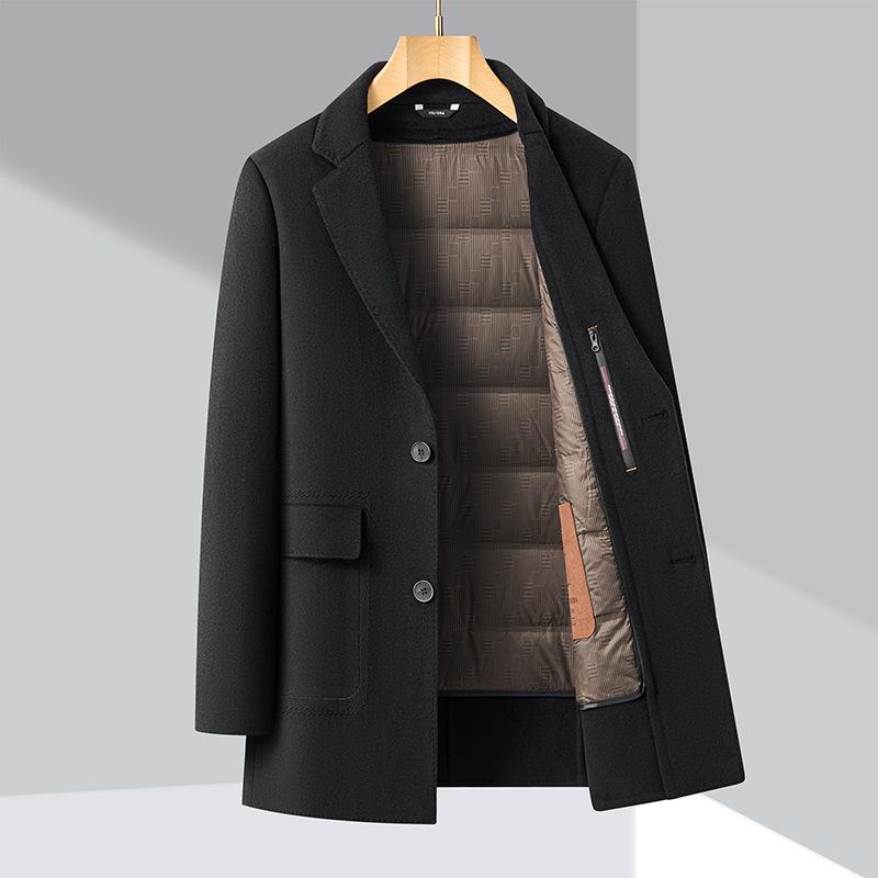 High-end wool double-sided denim coat for men, removable down lining, suit collar, windbreaker, warm mid-length coat