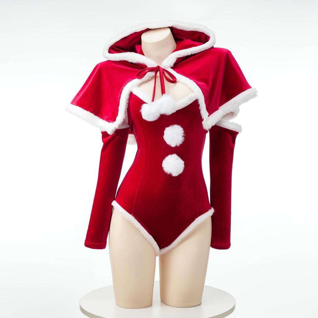 Festive Little Red Riding Hood Plush Jumpsuit - Sexy Christmas Gift Set C1034