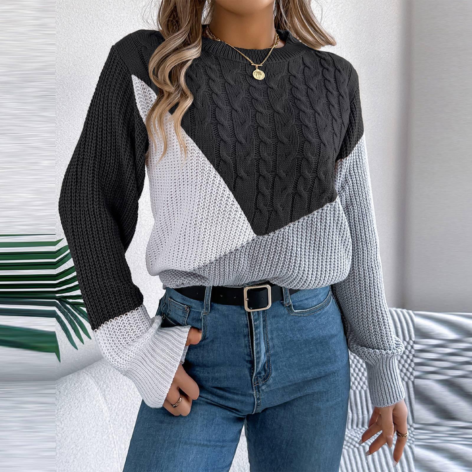 

Женская мода повседневный свободный свитер контрастного цвета с длинным рукавом пуловер топ L