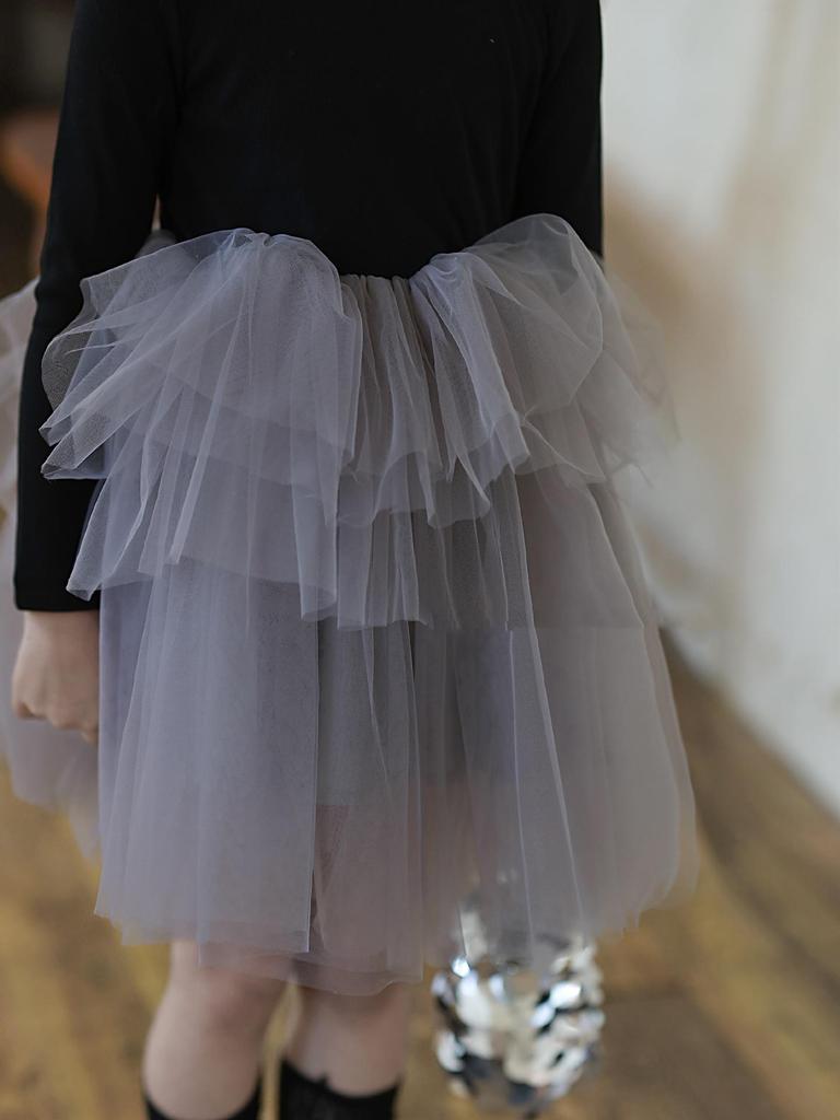 Korean Style Girls' Puffy Princess Dress - Long Sleeve Mesh Gauze Skirt for Spring & Autumn