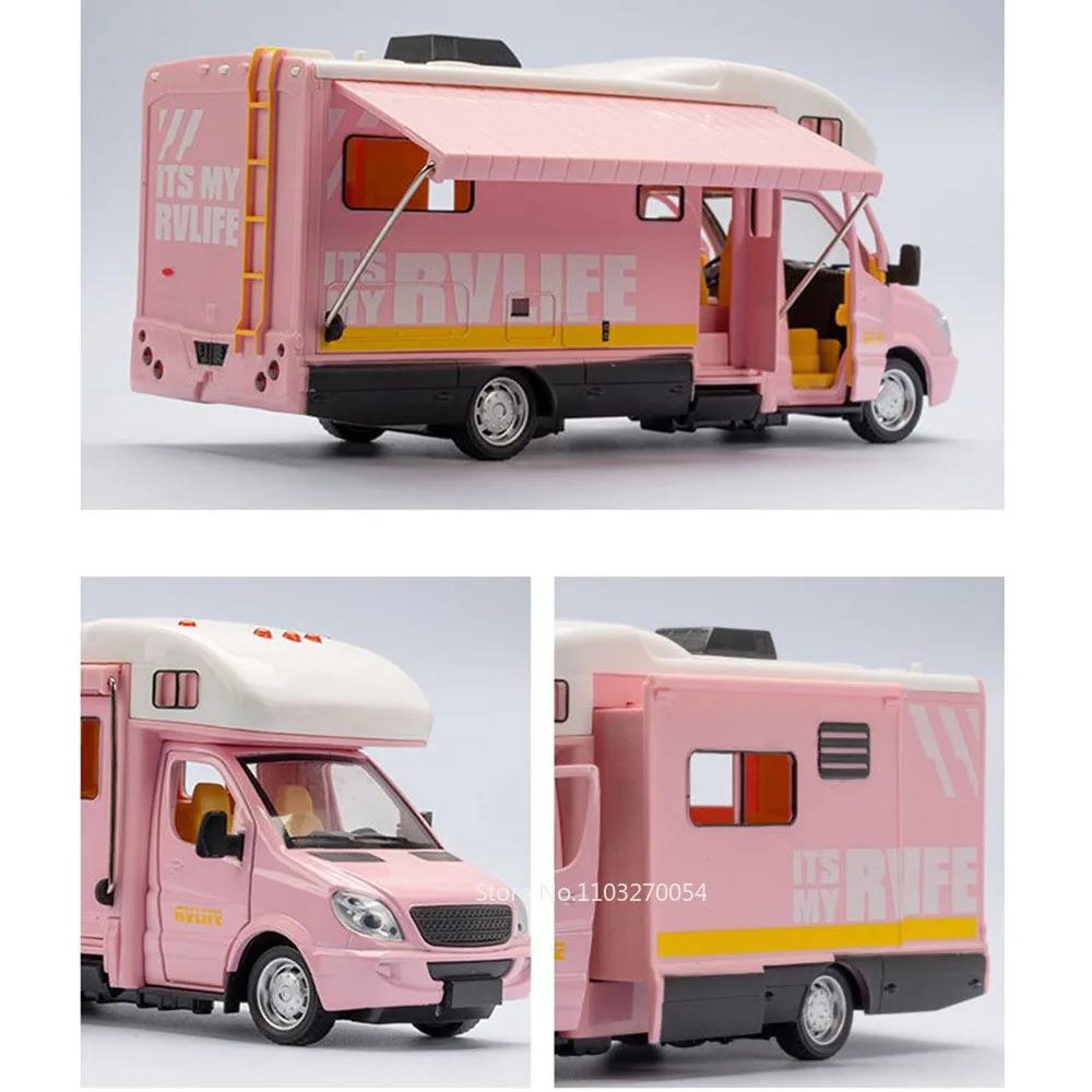 1/32 Model karavanu pro turisty Hračky Auto Slitina Tlakový odlitek Vozidlo Otevírací dveře Kovové tělo Gumová pneumatika Zvuk Světlo Hračka na natažení Dárek Pro děti