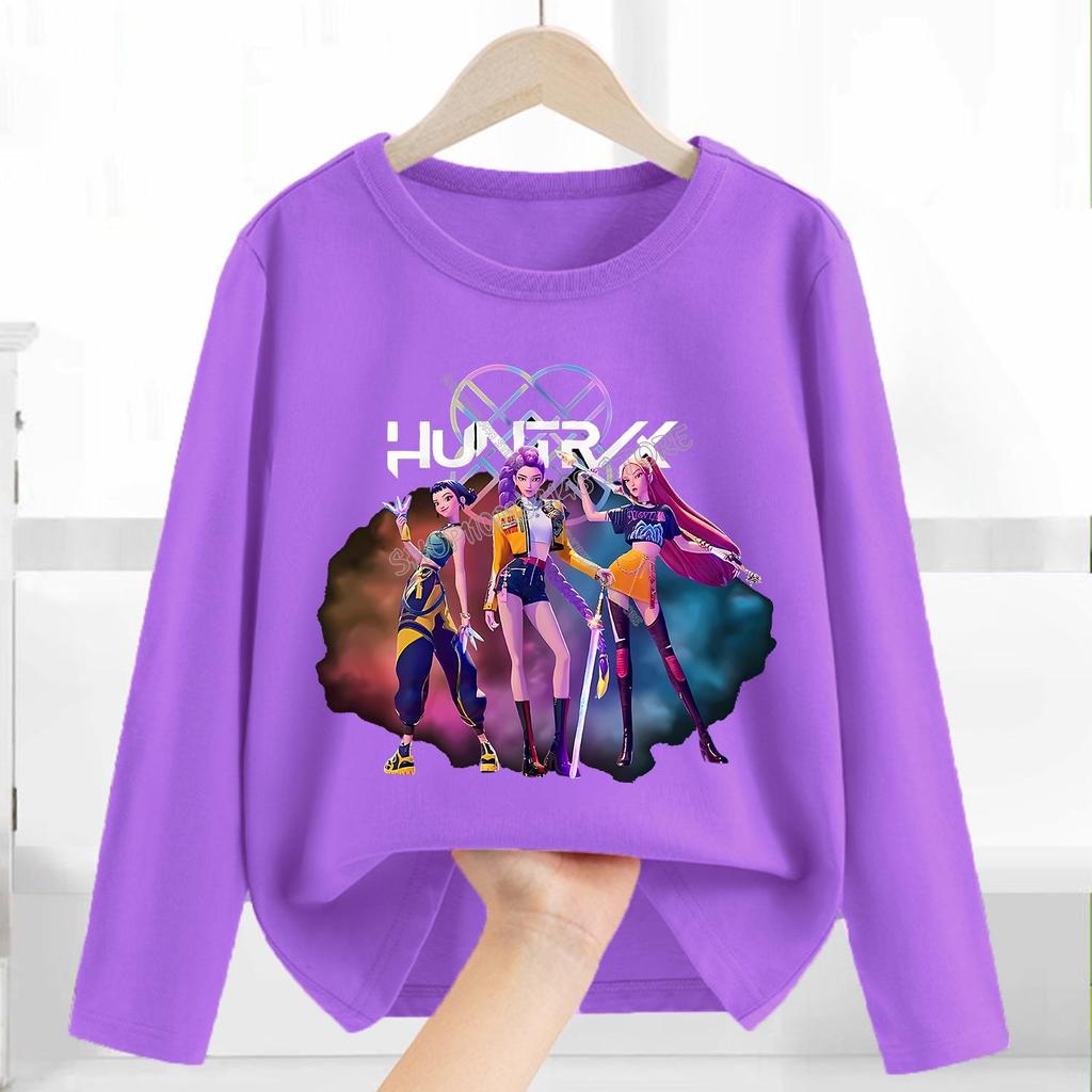 Cotton T-Shirts Girls Long Sleeve Children's Cartoon Printed Clothing Children's Purple Clothes Girls Crew Neck Top