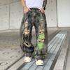 European and American Vibe Washed Old Ripped High Street Jeans Men Ins Trendy Brand Painted Beggar Hip Hop Wide Leg Pants