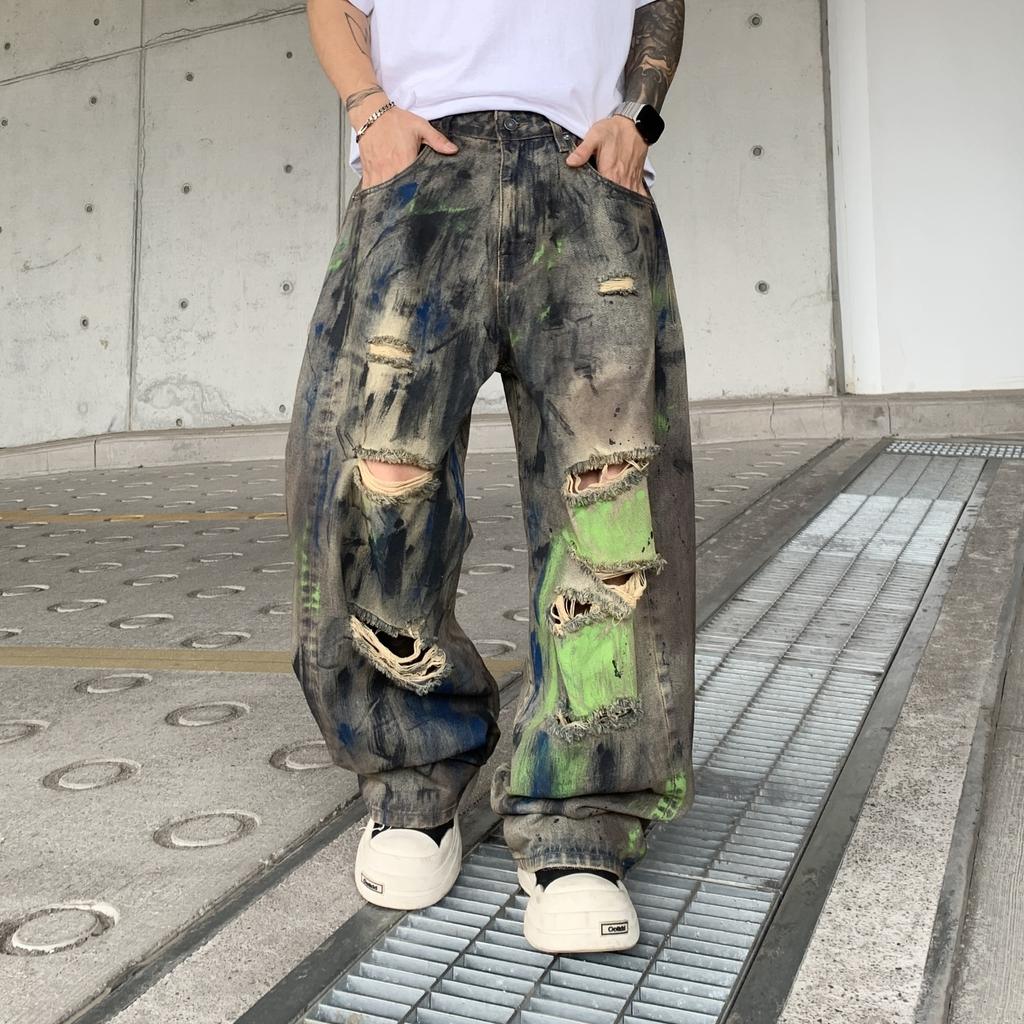 European and American Vibe Washed Old Ripped High Street Jeans Men Ins Trendy Brand Painted Beggar Hip Hop Wide Leg Pants