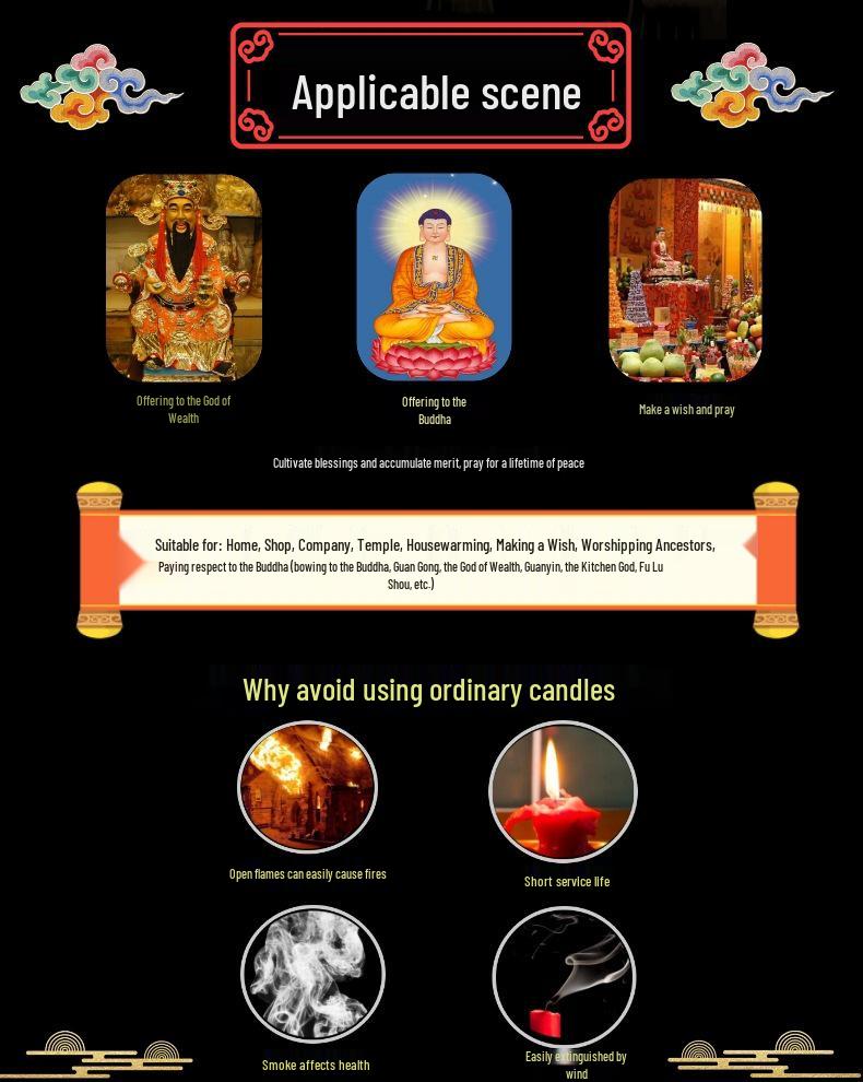 LED Electronic Candle Lamp for Buddhist Altar and Temple: Wealth-Attracting, Eternal Offering To Buddha and Guan Yu.