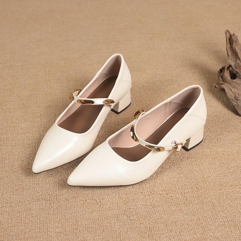 Korean Version of Thick Heel Mary Jane Retro Small Leather Shoes Women's 2025 New Autumn Pointed Head Shallow Mouth Retro Word with Single Shoes