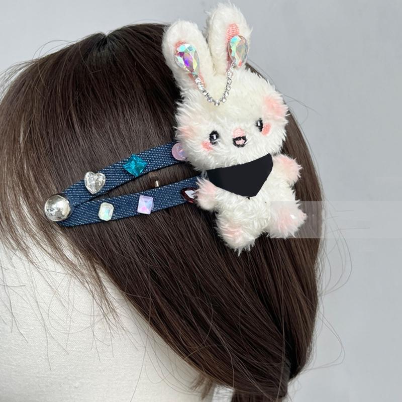 Plush Rabbit/Bear Shape Hair Clip Spring Summer Headwear for Woman Girls Bangs Taking Photo Shopping Travel Anti-Slip
