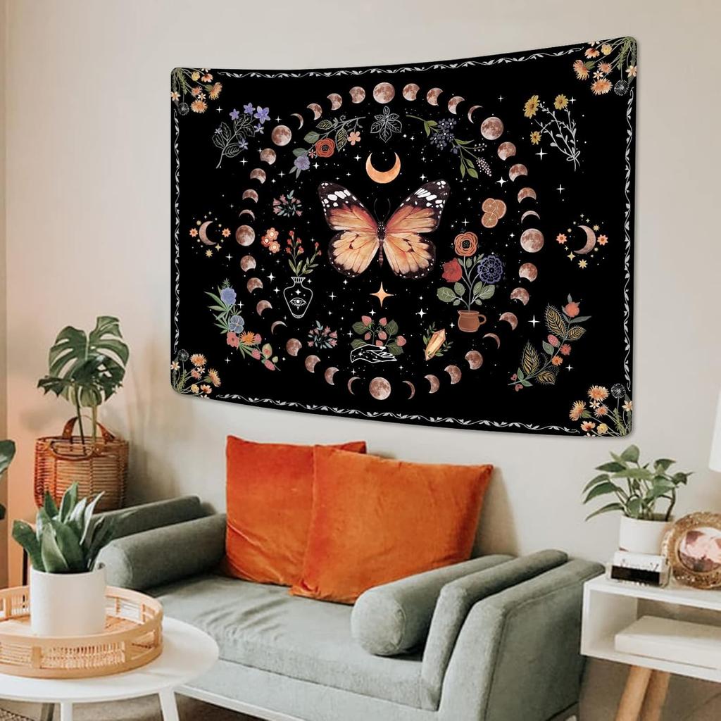Orange Butterfly Moon Flower Tapestry Boho Floral Plant Tapestries For Bedroom Aesthetic Tapastry'S Wall Hanging Mandala