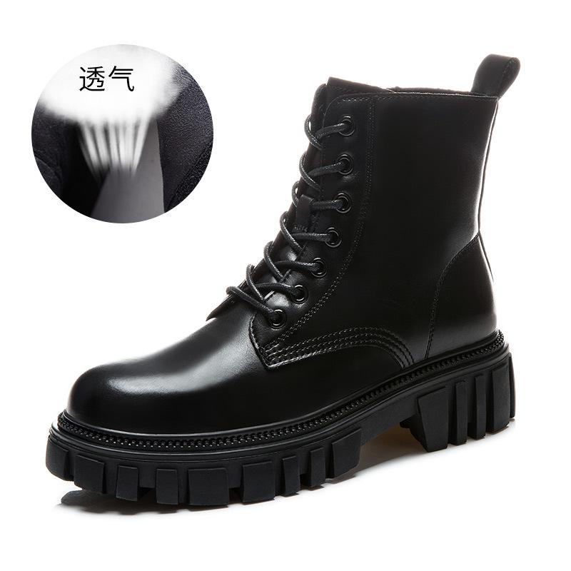 Leather Martin boots women's autumn and winter new thick heel velvet boots women's casual thin boots thick-soled short boots soft