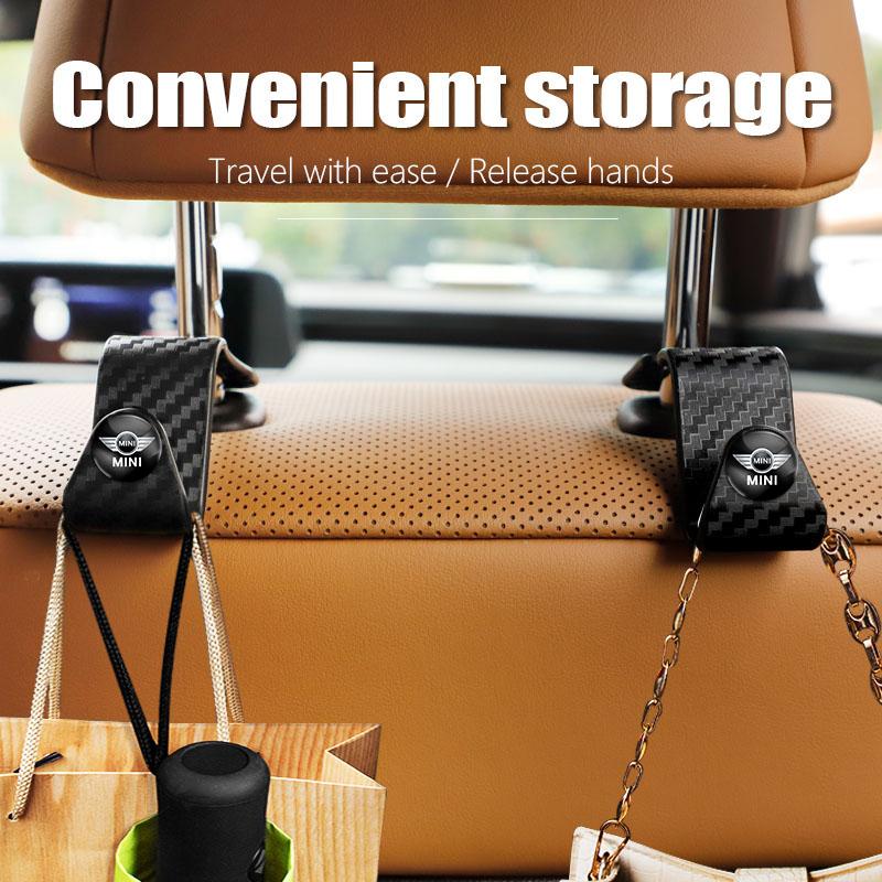 2Pcs Car Hidden Seat Hook Multi-Purpose Carbon Fiber Texture Mini Cooper Car Seat Back Creative Multi-function On-Board Hooks pwaxk99