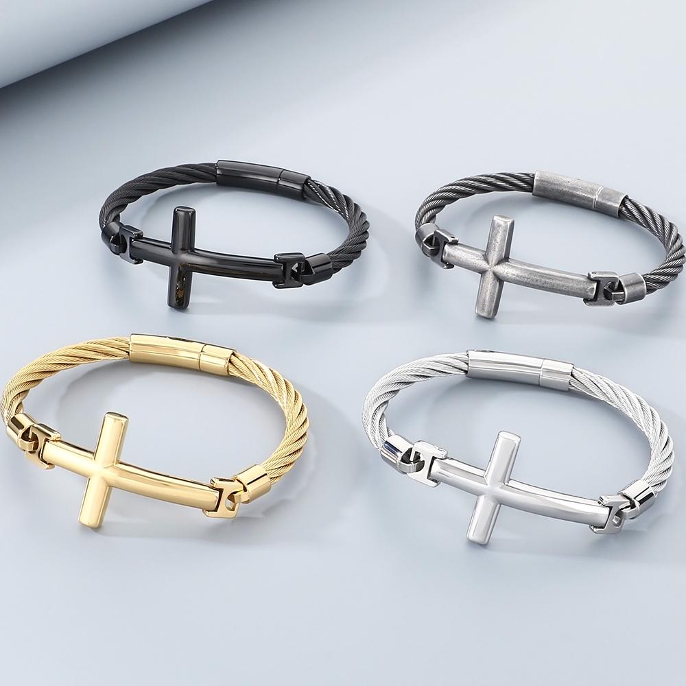 Bracciale a Croce per Uomini Adolescenti Catena a Maglie in Acciaio Inossidabile Braccialetto Larghezza 6MM Cristiano Religioso Gesù Confermazione Gioielli Regali