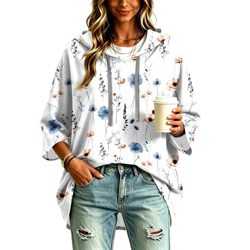Women's Vintage Floral Print Hooded Pullover Top with Three-Quarter Sleeves for Casual Daily Wear