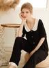 Euyqs Rayon Satin Pajama Short Sleeve Top and Pants Women's Set, (JP, Alphabet, M, Black)