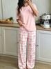 Girls Cute Bow Print Pajama Set Short Sleeve Tee Wide Leg Plaid Pants Soft Teen Sleepwear 13-16 Years
