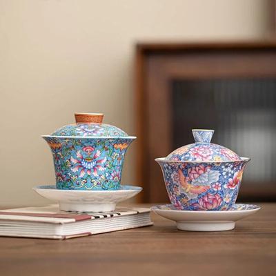 Enamel Color Sancai Gaiwan Tea Cup, Chinese Painted Kung Fu Tea Bowl, Ceramic Single Household Ceremony Bowl, Scented, 150ml