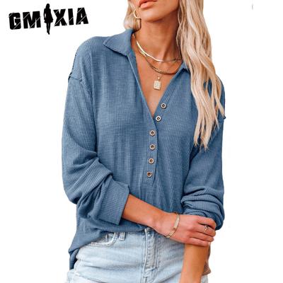 Damenmode, lässig, einfarbig, langärmelig, V-Ausschnitt, Blusen und Hemden