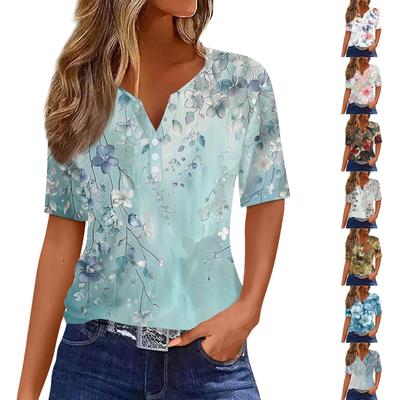 Women's Fashion Casual Vintage Floral Print V-Neck Short Sleeve Decorative Button T-Shirt Tops