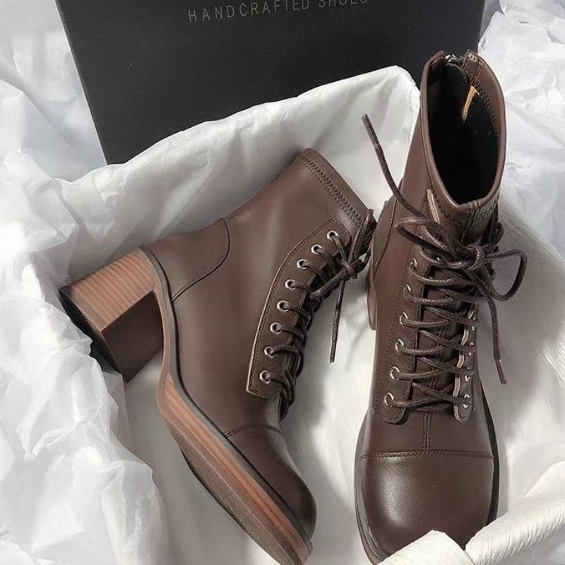 Fashion Womens Boots Fashion Thick Heel Ankle Boots Luxury High Top Leather Boot Lace Up Motorcycle Boots Women Middle Tube Leather Boot