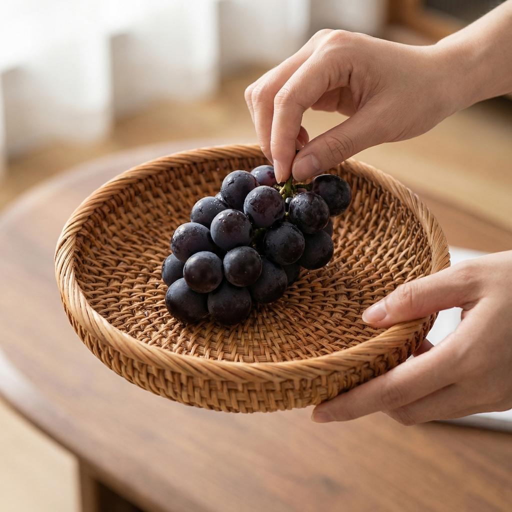 Rundes Serviertablett aus Rattan für Dinnerpartys und Dekoration, Obstkorb aus Rattan, Obstteller für den Couchtisch