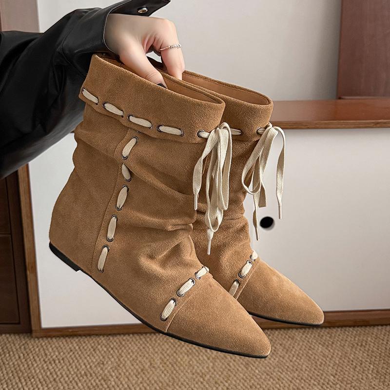 Fashion Suede Inside Booster Flats Fall New Pointed Toe Spliced Front Lace-Up Soft Slip Shorthole Boots