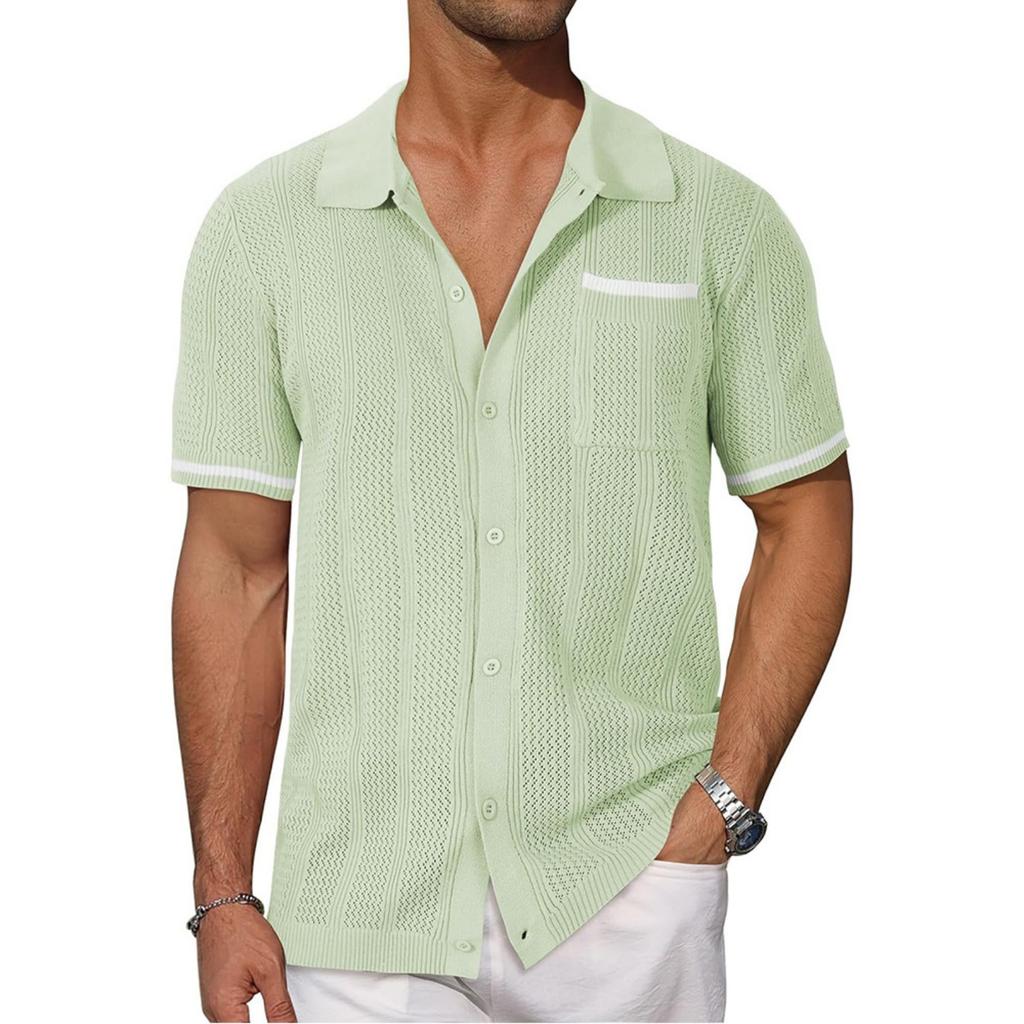 Men's Casual Color-blocked Short-sleeved Shirt, Men's Hollow-out Breathable Button-up Shirt With Lapel