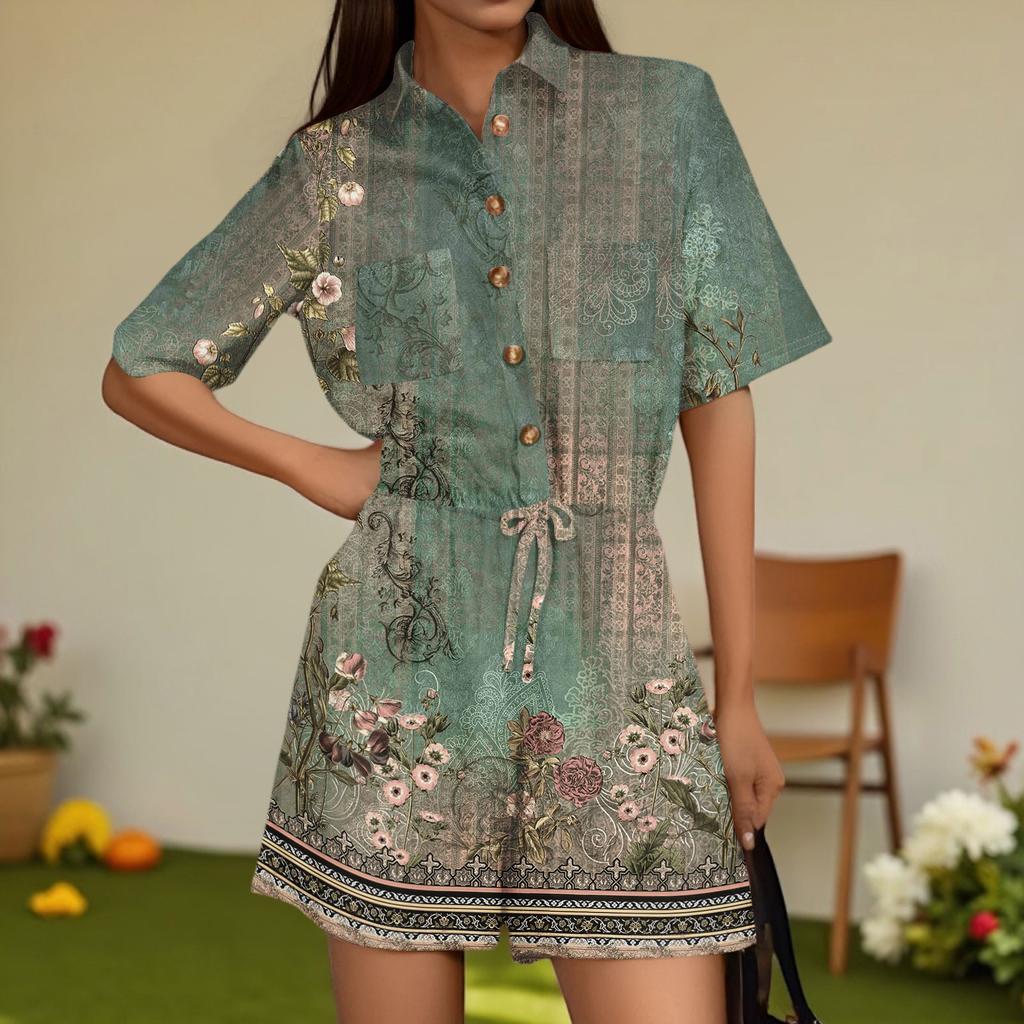 Women's Fashion V-neck Jumpsuit Plaid Casual Short Sleeve Top Jumpsuit