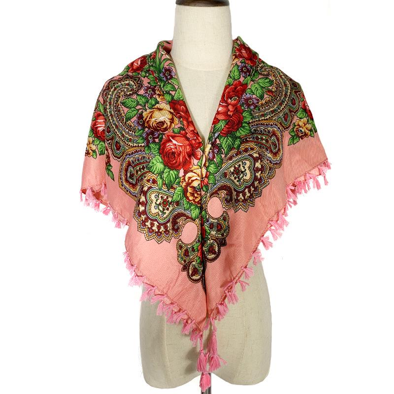 Russian Style Floral Print Tassel Shawl - Ethnic Retro Warm Scarf for Autumn/Winter