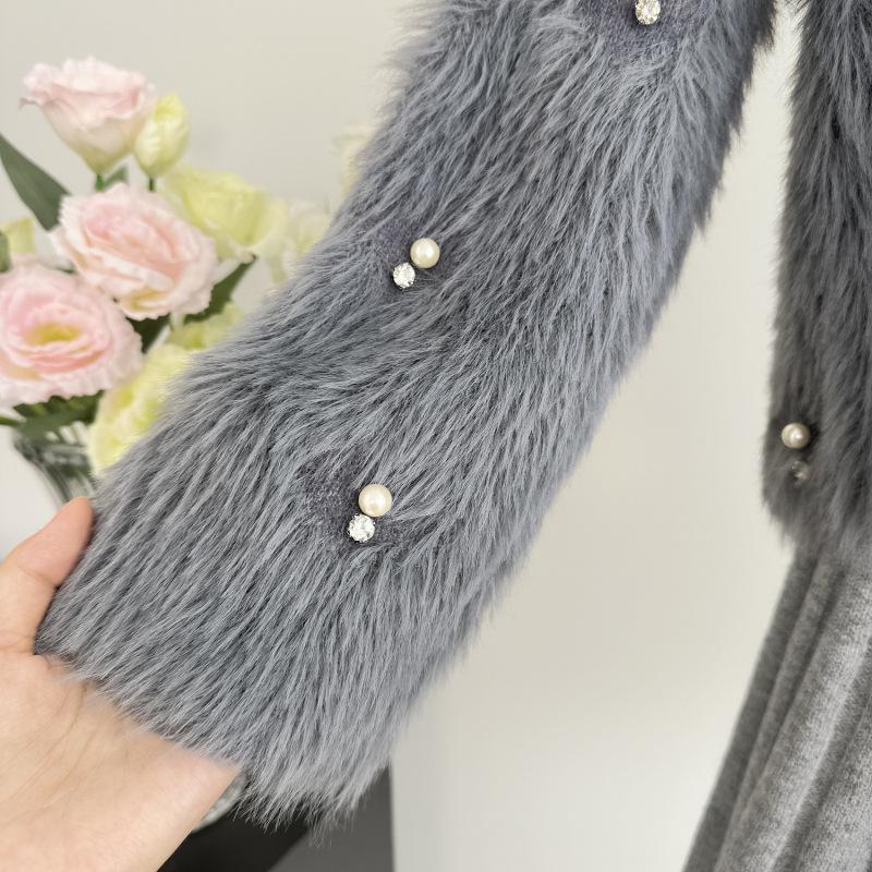 Women's Beaded Faux Mink Fur Coat - Korean Style Knit Cardigan, Spring/Autumn Long Hair Outerwear.