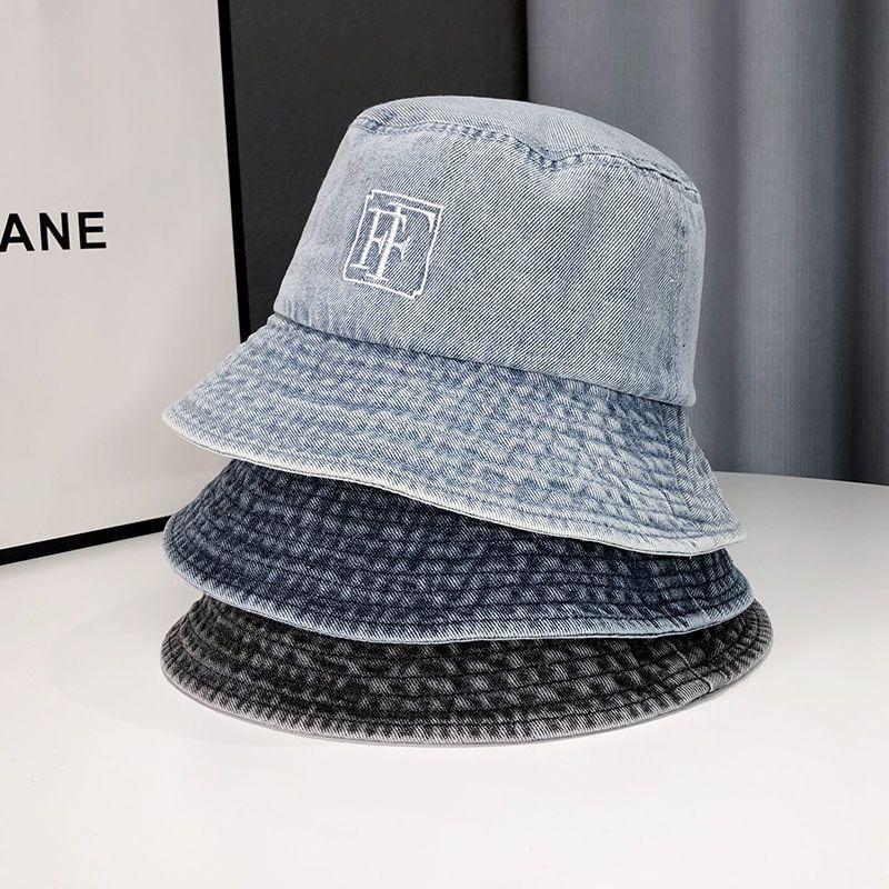 Hat women's retro washed denim bucket hat big head circumference washbasin hat embroidery versatile bucket hat