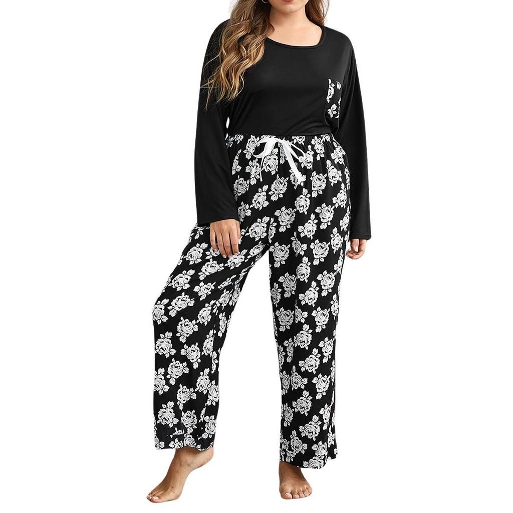 European and American large-size pajamas for women's autumn and winter 50kg fat mm loose long-sleeved trousers loungewear two-piece set
