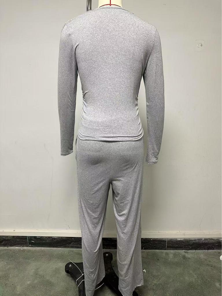 European & American Women's Solid Color Casual Sports Set: Long Sleeve Top & Wide-Leg Pants.