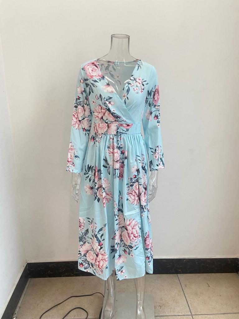 Fashion Women's  V Neck Casual Fashion Printed Pullover Long Sleeve Dress