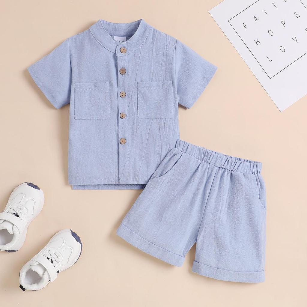 Jungen Einfarbig Kurzarm Stehkragen Zweiteiler mit Aufkrempel-Shorts