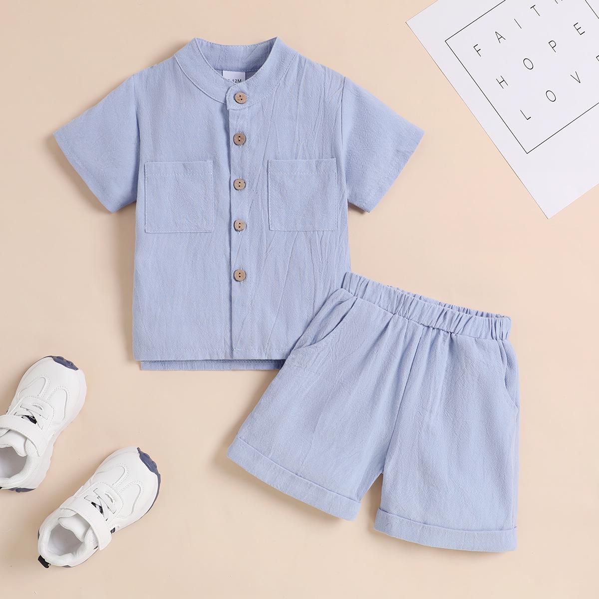 

Boys Solid Color Short-Sleeve Stand Collar Two-Piece Set with Rolled Cuff Shorts 18-24 Months синий
