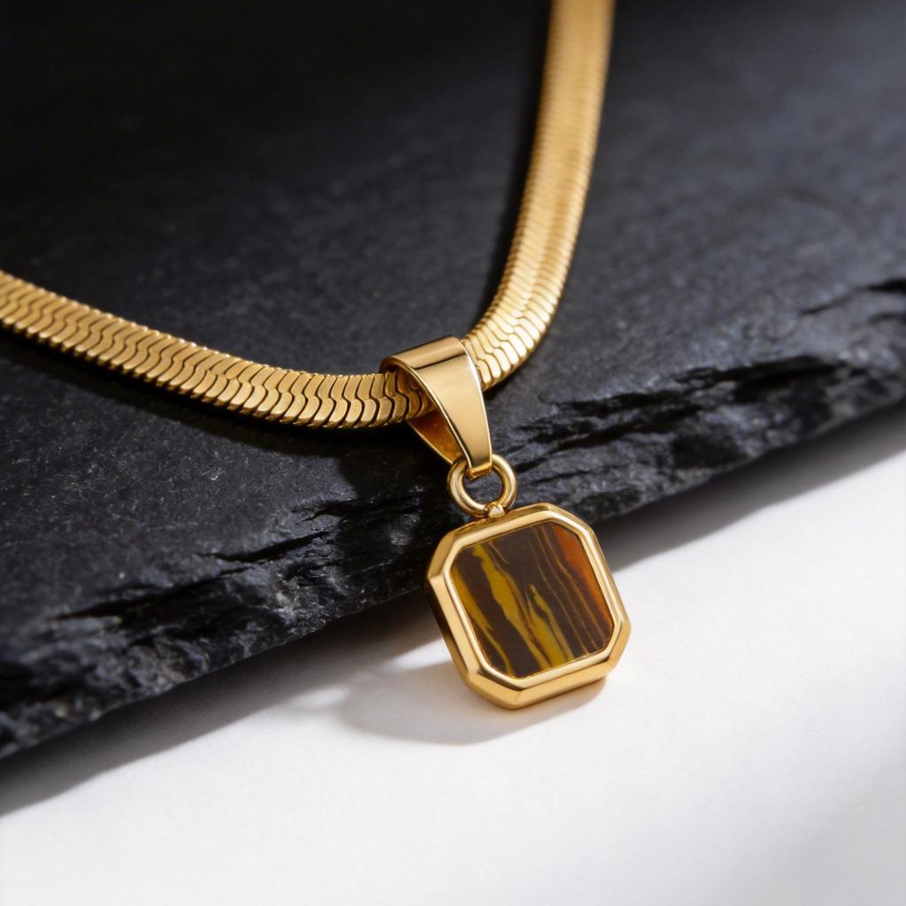 Geometric Square Natural Stone Pendant Necklace for Men, Gold Silver Color Stainless Steel Blade Chain, Trendy Jewelry Gift