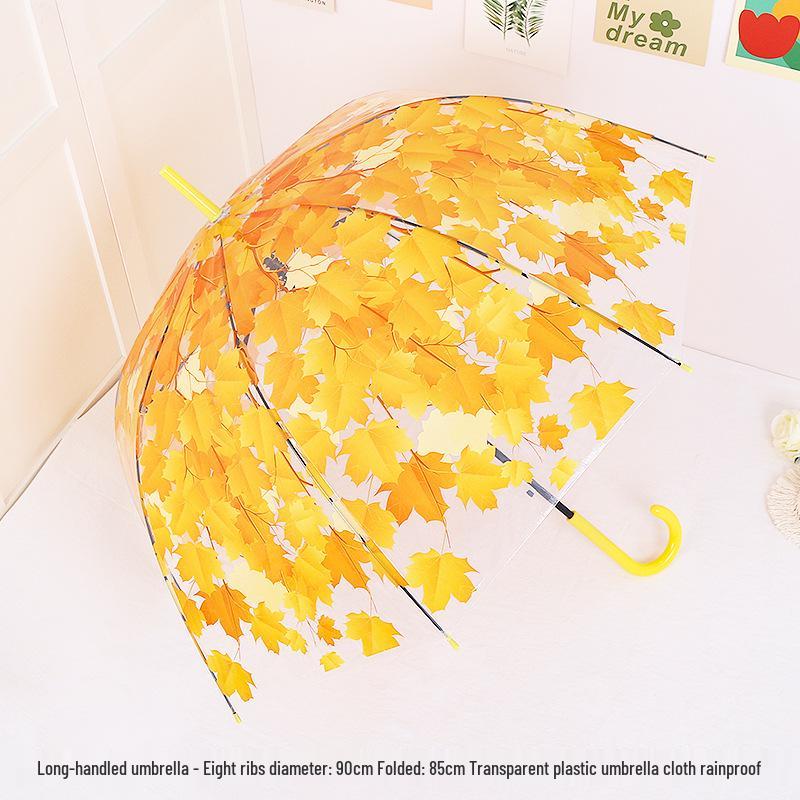 Japanese Forest Style Transparent Cherry Blossom Umbrella with Arched Long Handle for Students